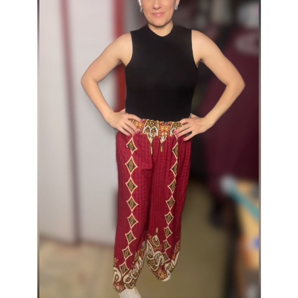 Fashion Nova Burgundy Paisley Patterned Elastic-Waist Wide-Leg Pants (Small) - Picture 15 of 16